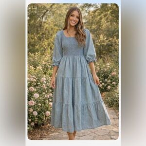 Smocked Square-Neck Maxi Dress in Light Blue